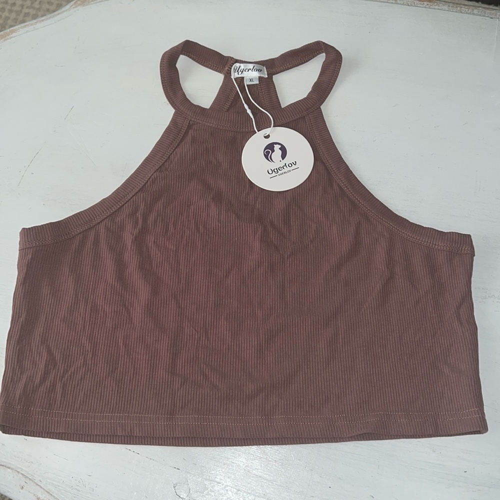 NWT Ugerlov Ribbed Racerback Crop Top Mauve Brown Cotton Blend